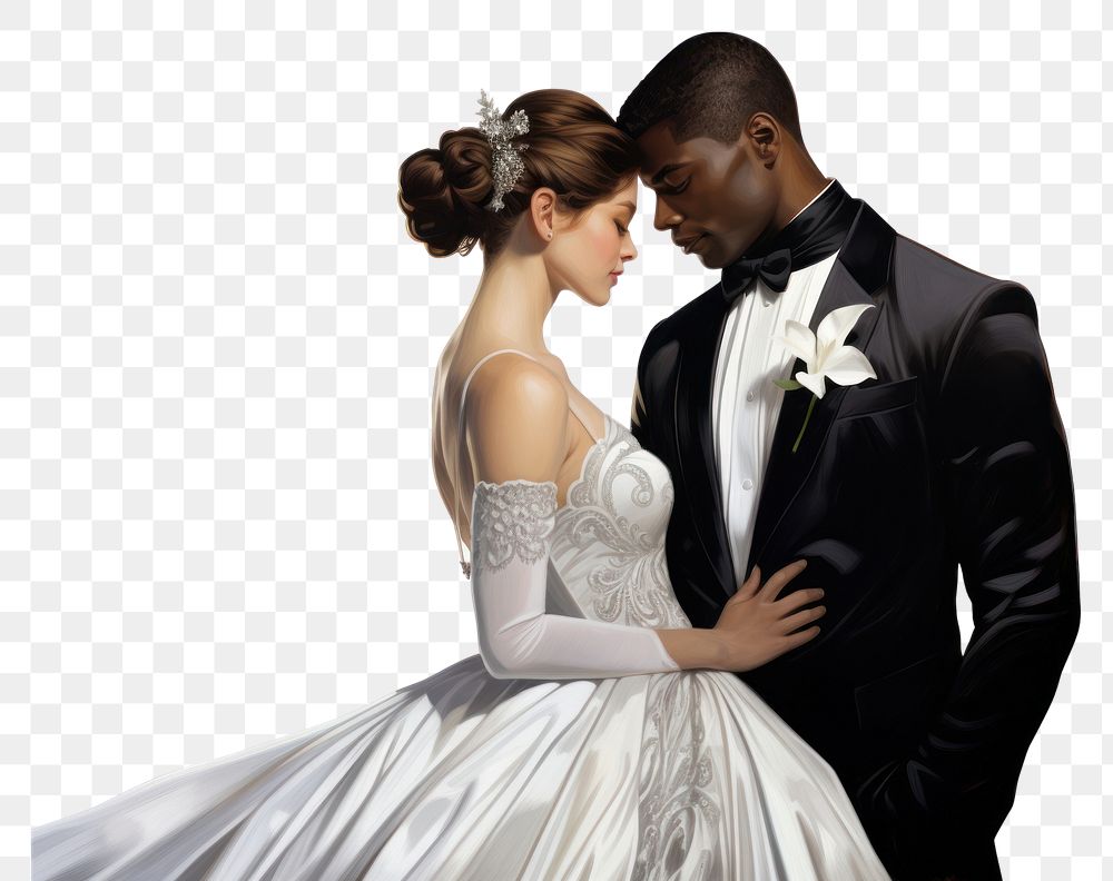 PNG Black groom white bride fashion wedding tuxedo