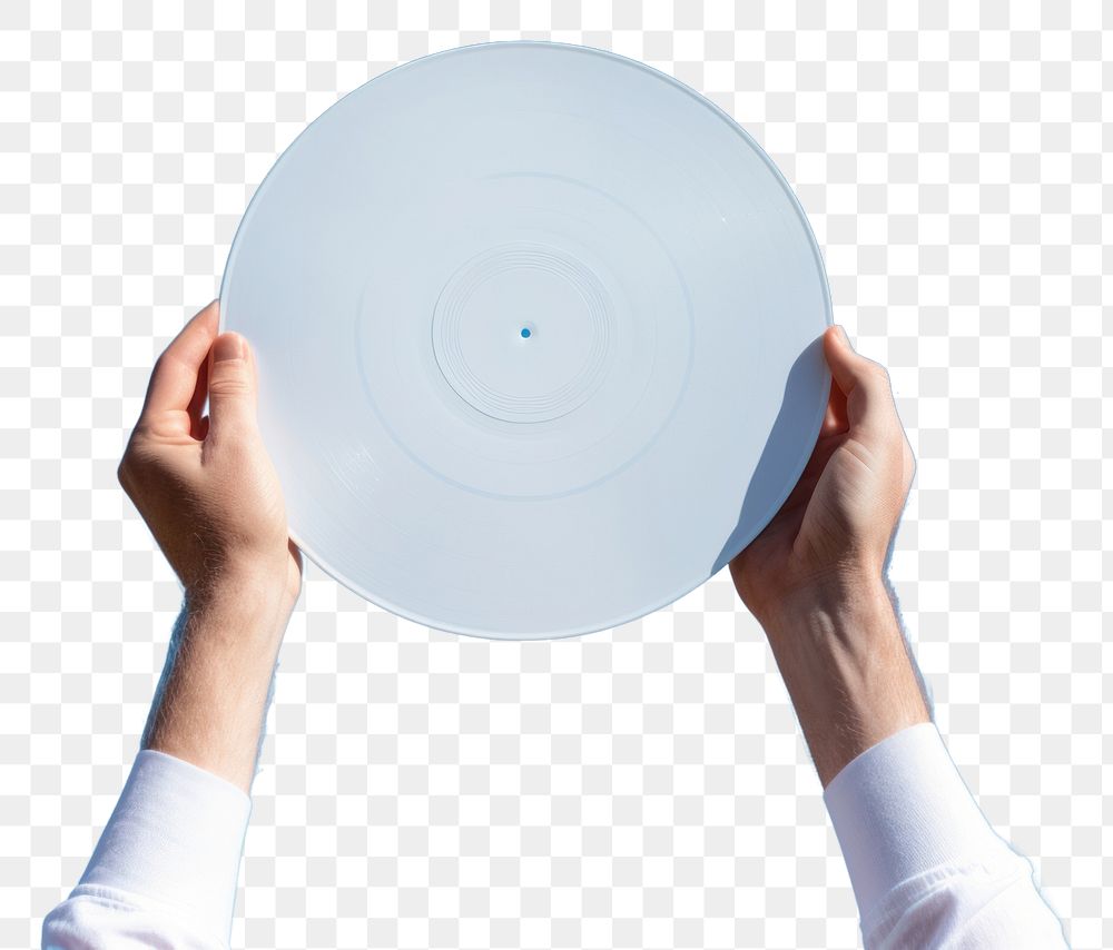 PNG Hand holding white cover vinyls record hand blue sky.