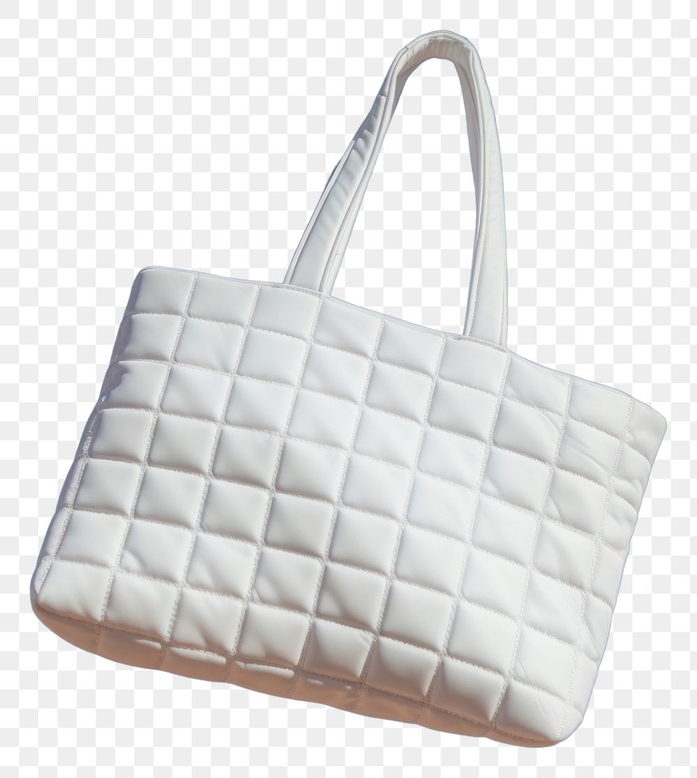 PNG Hands holding white quilted totebag handbag purse blue.