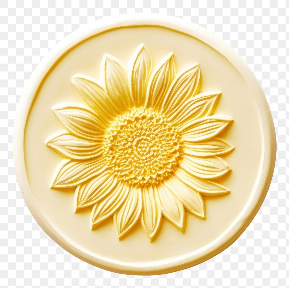 PNG  Seal Wax Stamp a sunflower yellow gold white background.