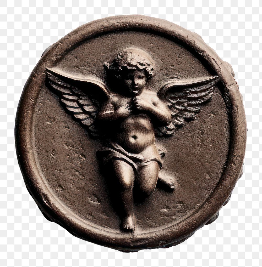 PNG  Seal Wax Stamp of a cherub craft money coin.