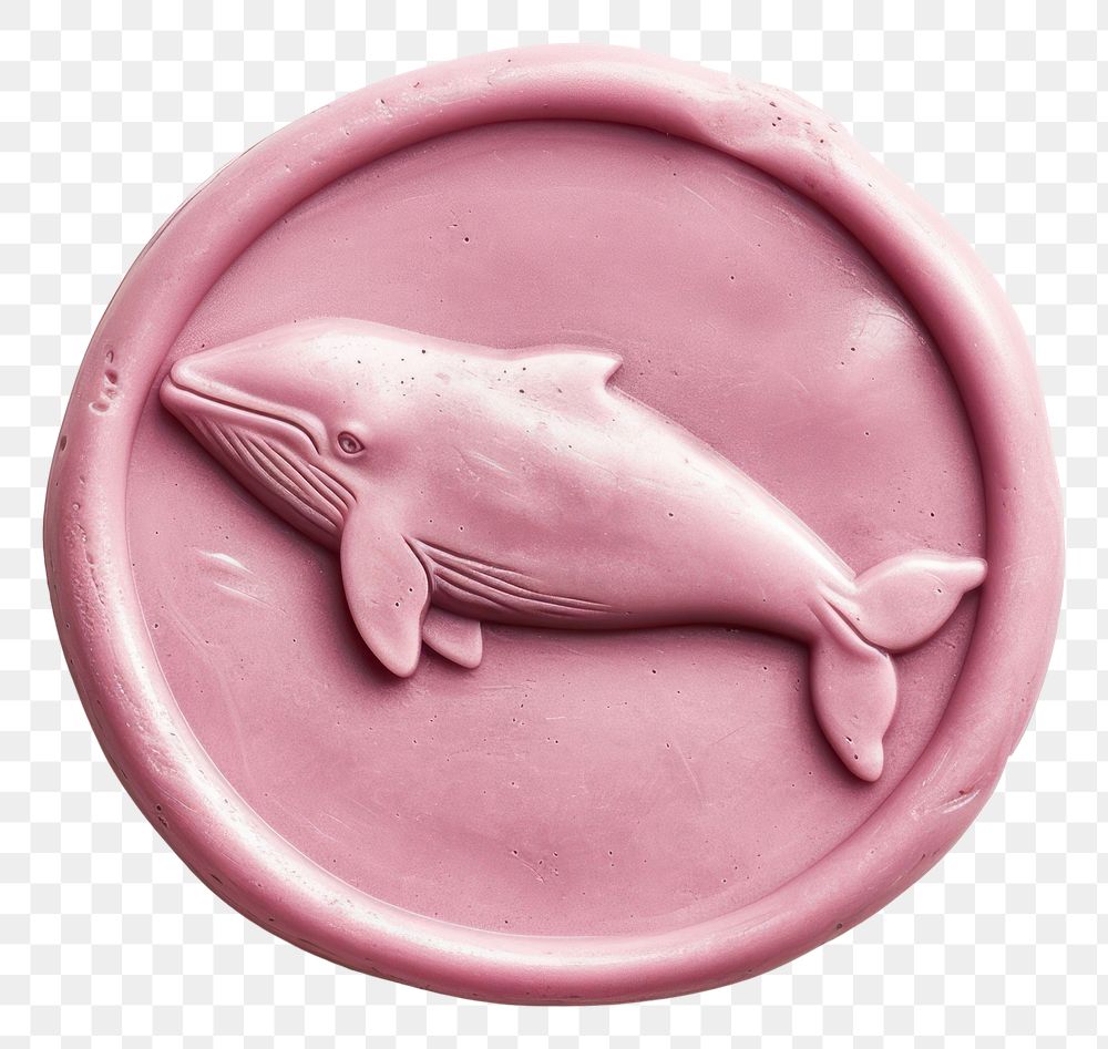 PNG  Seal Wax Stamp pink whale animal fish white background.