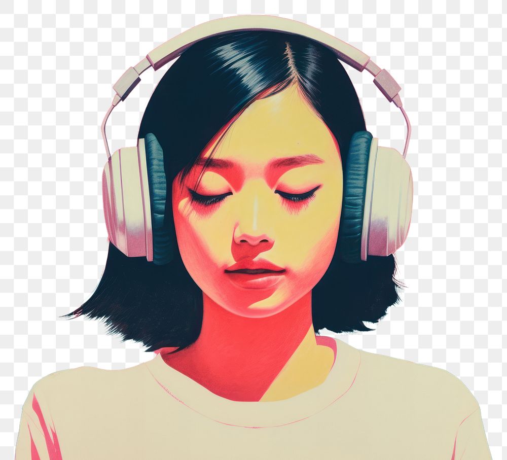 PNG  Asian woman headphones portrait headset. AI generated Image by rawpixel.