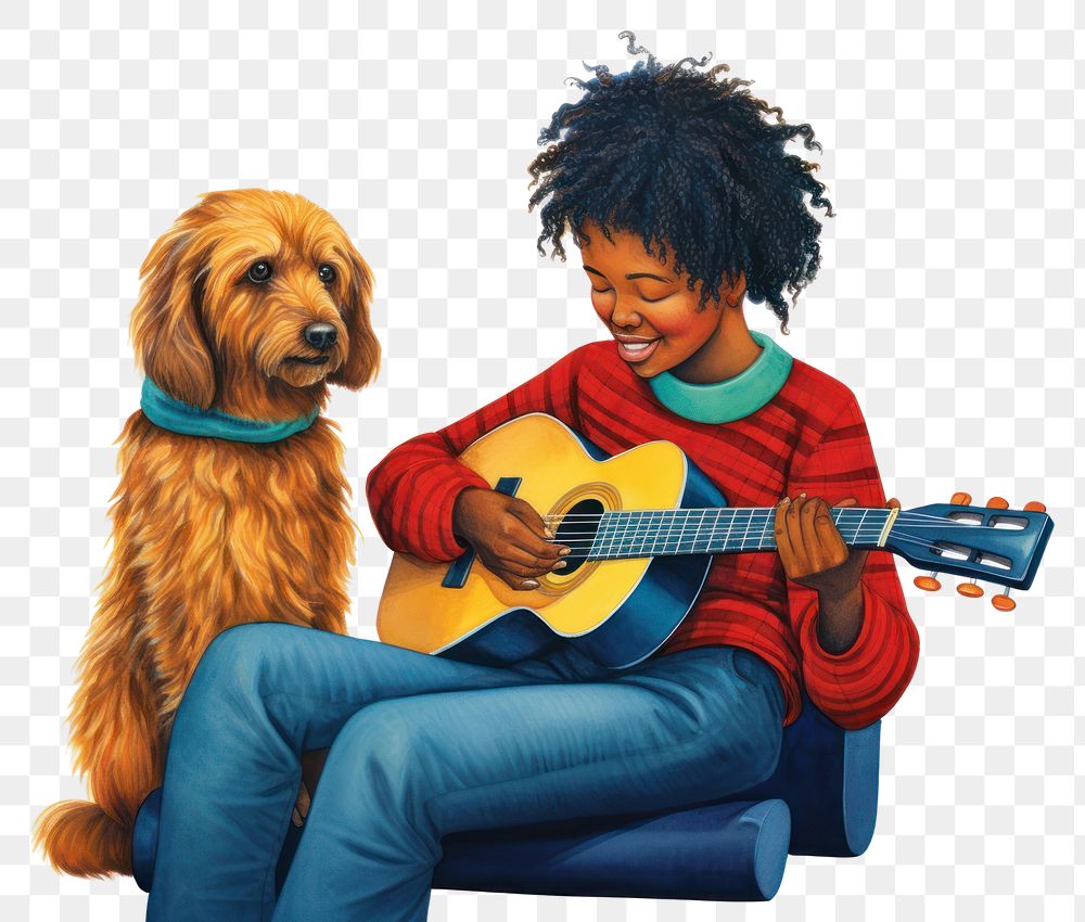 PNG  Black female sitting playing guitar musician dog white background. AI generated Image by rawpixel.