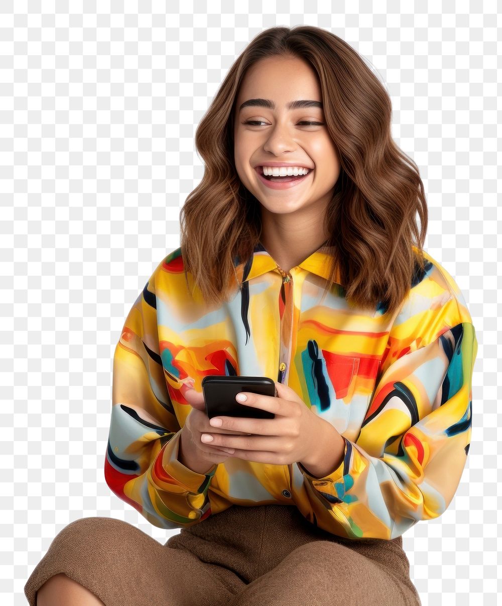 PNG Latino teenage girl with straight hair laughing cheerful sitting.