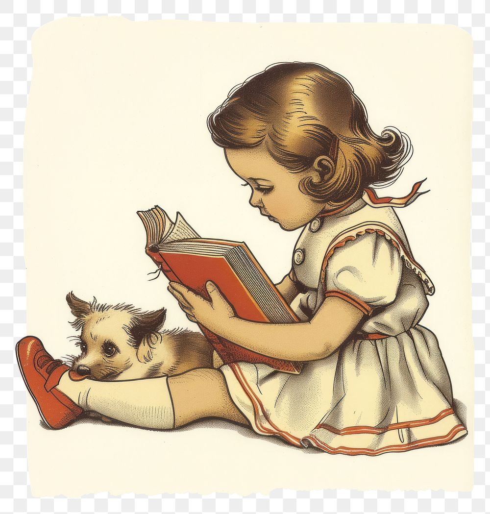 PNG Vintage illustration of little girl reading book publication.