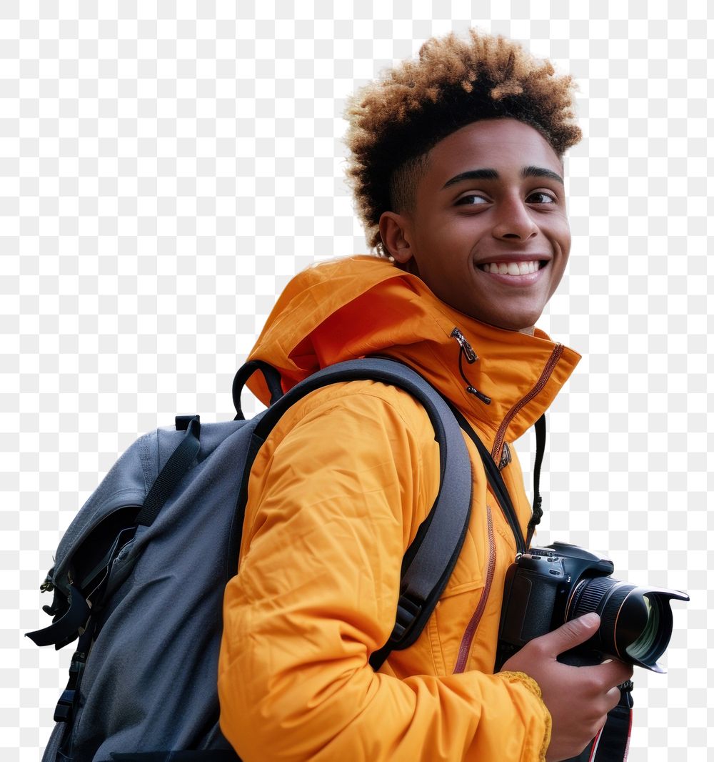 PNG Mixed race teen man backpack camera outdoors