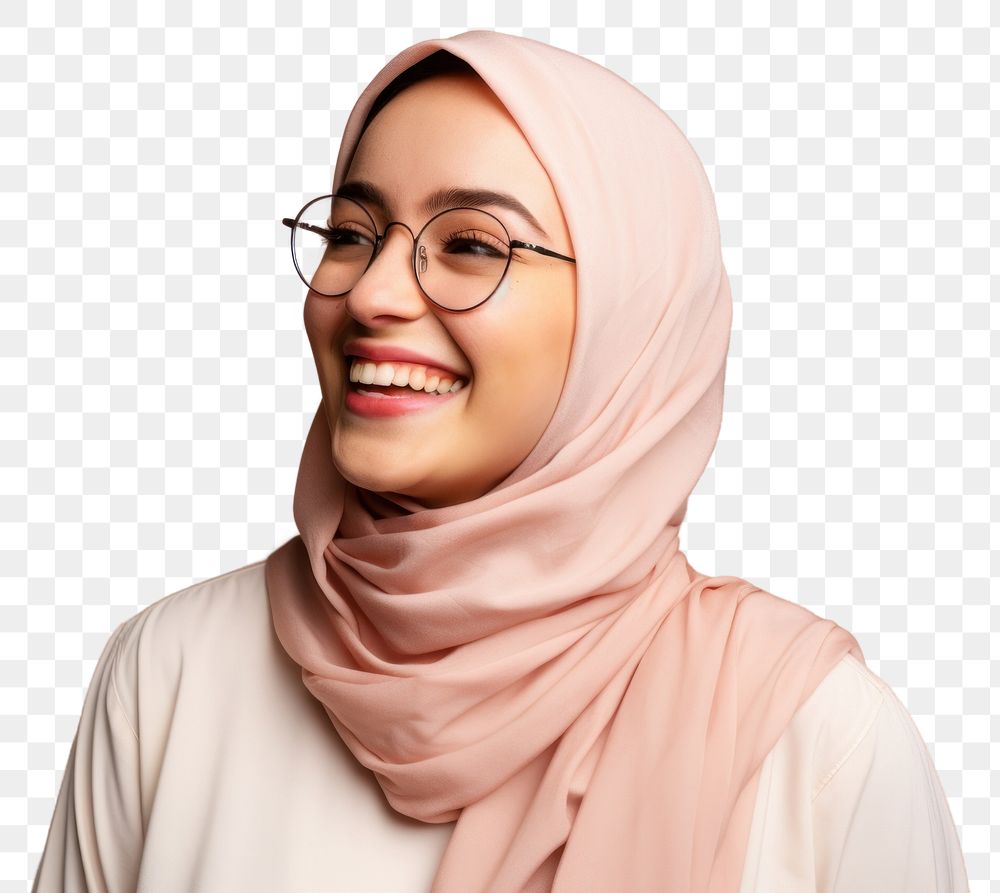 PNG Muslim woman wearing glasses smiling hijab scarf.