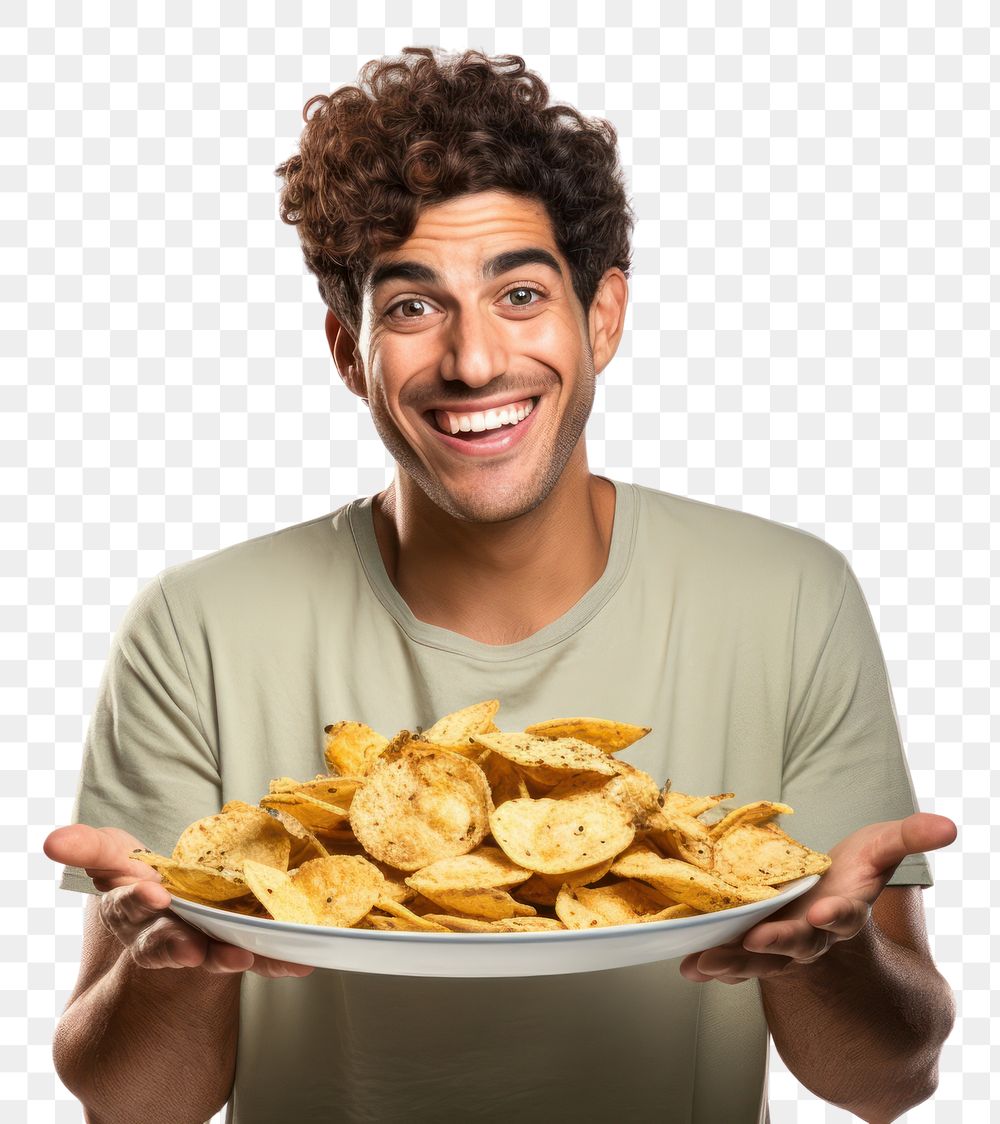 PNG A man holding plate of chips and biting snack adult food white background. AI generated Image by rawpixel.