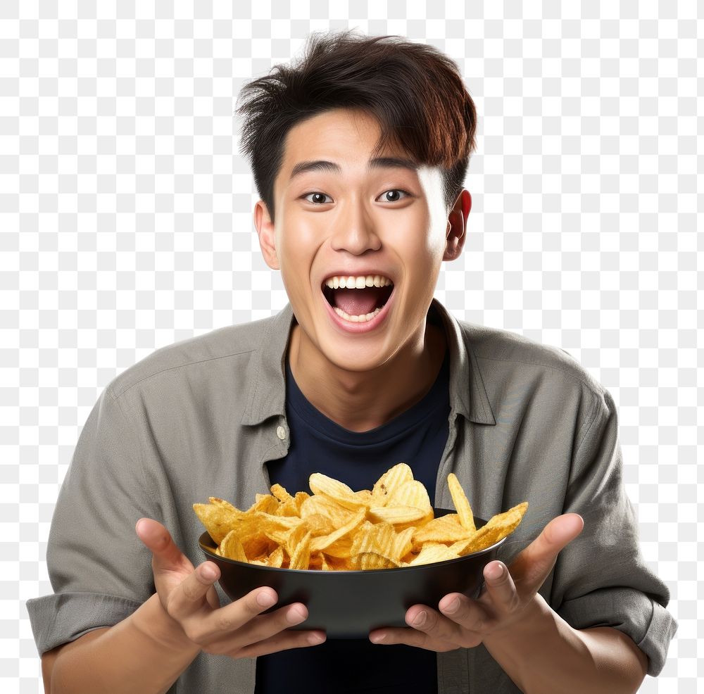 PNG A man holding plate of chips and biting snack eating food white background. AI generated Image by rawpixel.