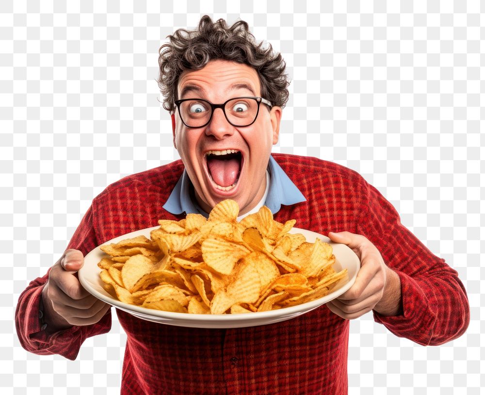PNG A man holding plate of chips and biting snack glasses adult food. AI generated Image by rawpixel.