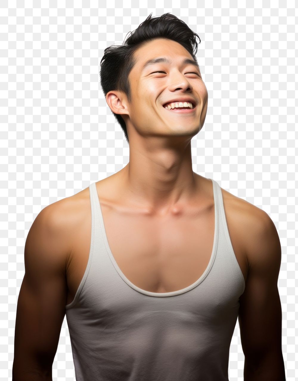 PNG A man looking up with smile laughing white background bodybuilding. AI generated Image by rawpixel.
