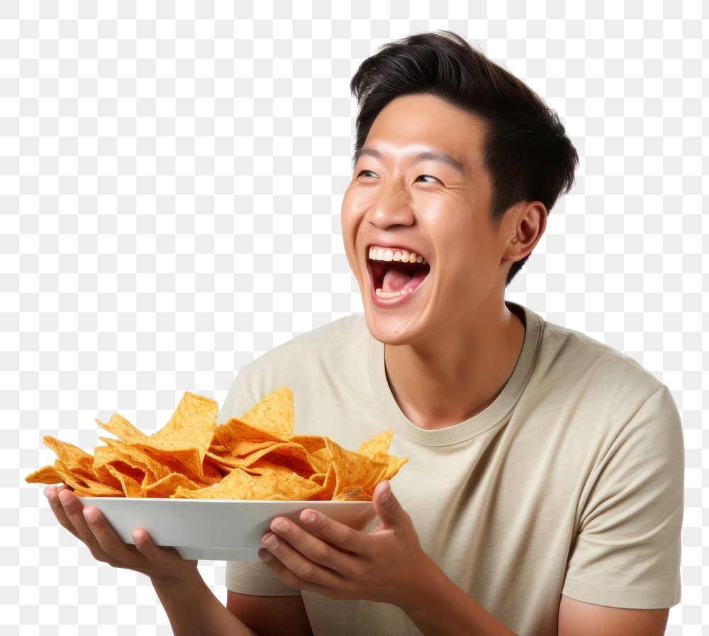 PNG A side view of a man holding plate of chips and biting snack eating adult food. AI generated Image by rawpixel.