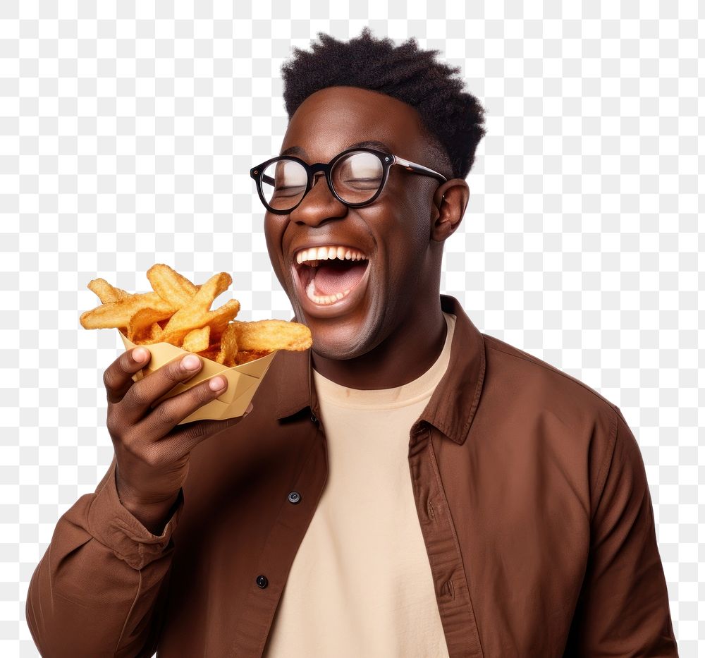PNG A side view of a man holding plate of chips and biting snack laughing glasses eating. AI generated Image by rawpixel.