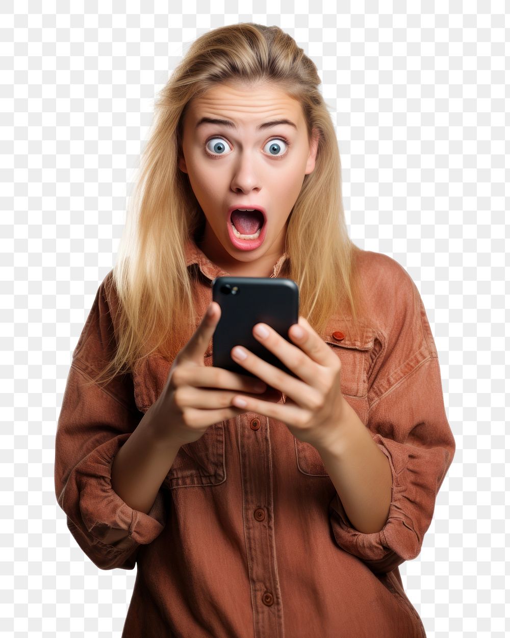 PNG A Young woman reacts to shocking news on her phone holding adult photo