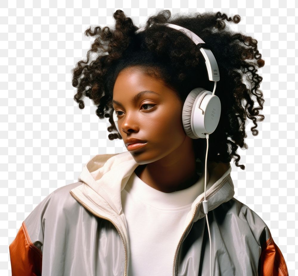PNG  African-American woman wearing headphone listening to music headphones headset electronics.