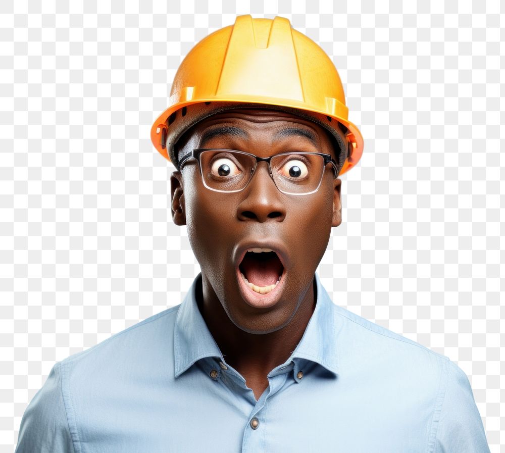 PNG African engineer surprised face portrait photography hardhat.