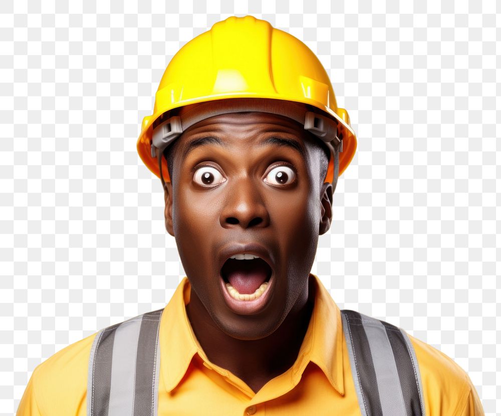 PNG African engineer surprised face portrait photography hardhat.