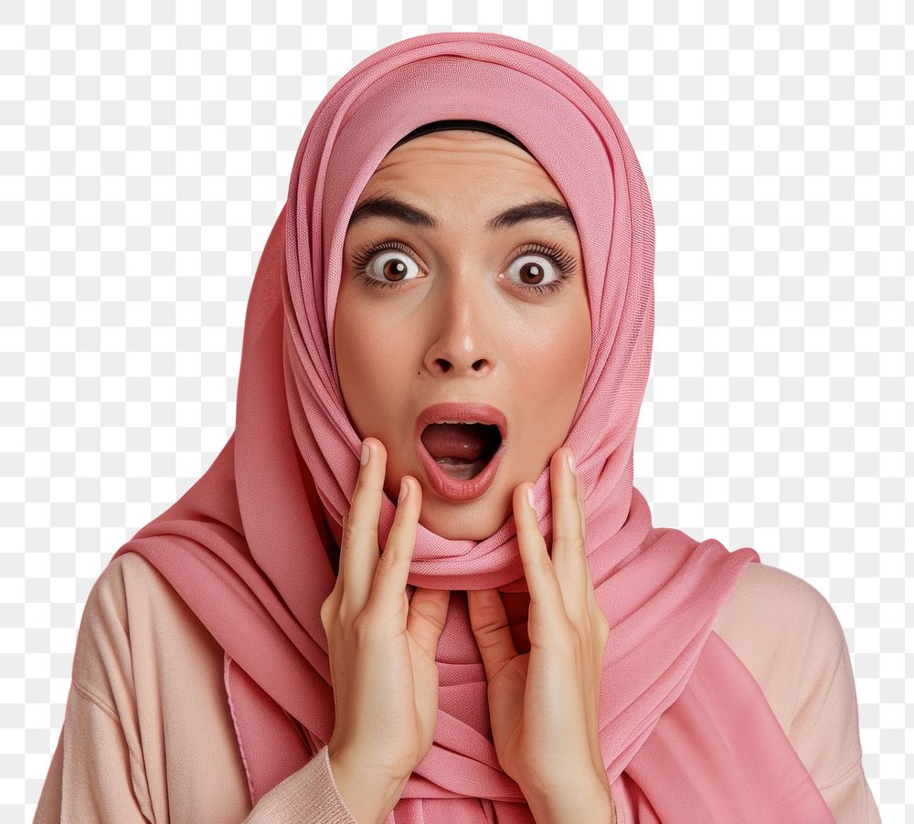 PNG Arab woman surprised face portrait headscarf headshot.