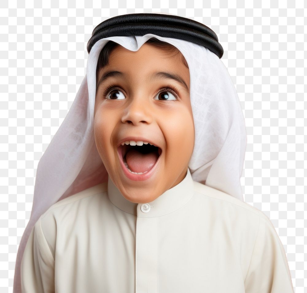 PNG Arab kids surprised face portrait happiness headscarf.
