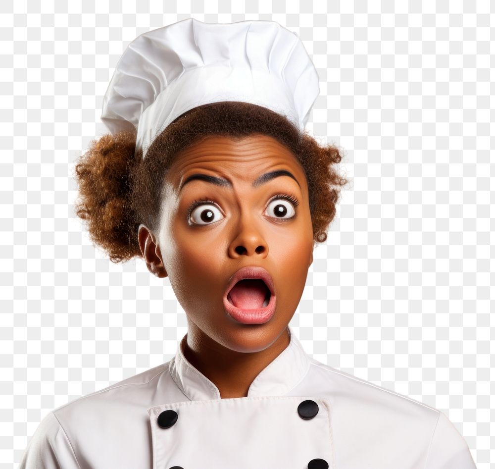 PNG Black woman chef suprised face portrait photography surprised.