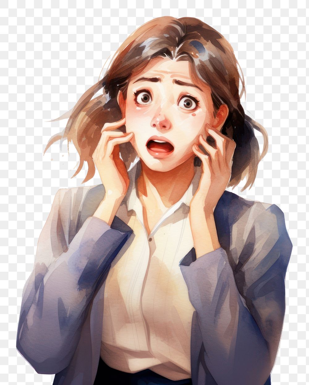 PNG  A Businesswoman suprised face expression portrait anime adult.