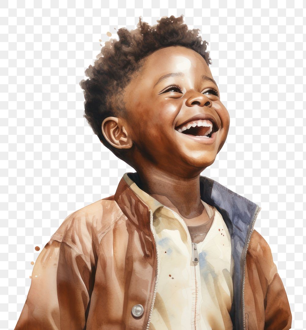 PNG  African boy laughing face expression smile child white background.
