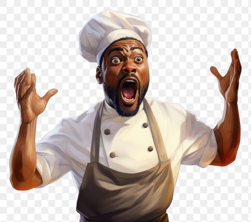 PNG  African chef suprised face expression shouting adult white background.