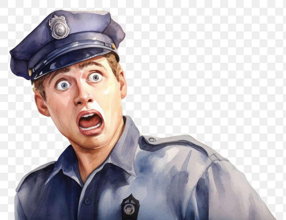 PNG  Policeman suprised face expression shouting portrait adult.