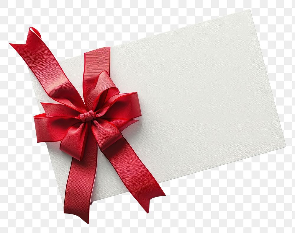 PNG Gift card with red bow and ribbon wrapping on left corner of card white background celebration anniversary.