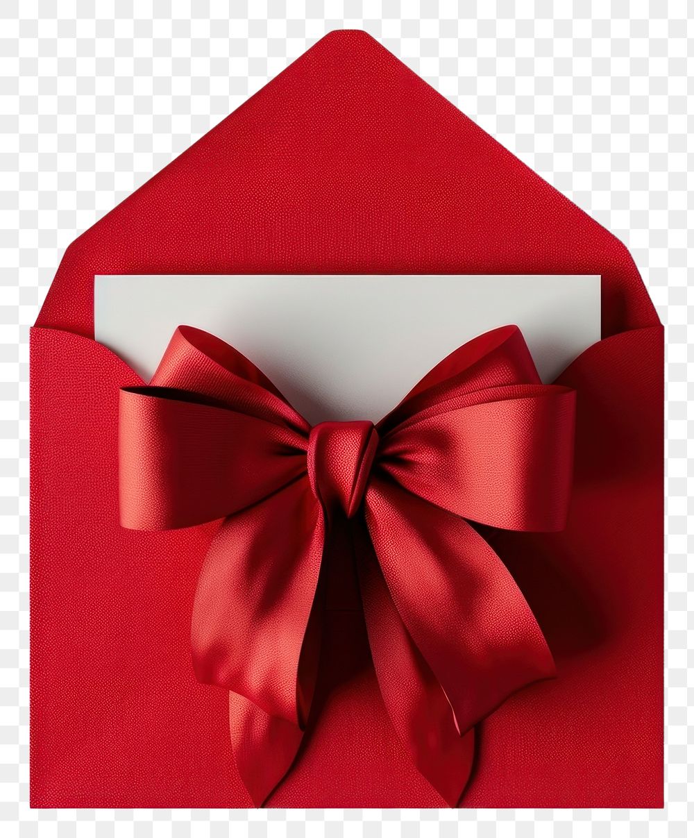 PNG 3D render of gift idea card with red bow and ribbon in red envelop celebration anniversary decoration.
