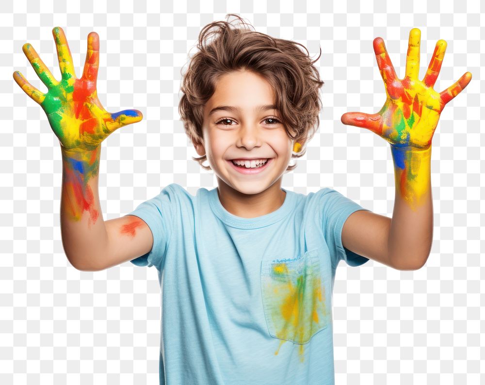 PNG  Happy boy show hands painted portrait finger child. AI generated Image by rawpixel.