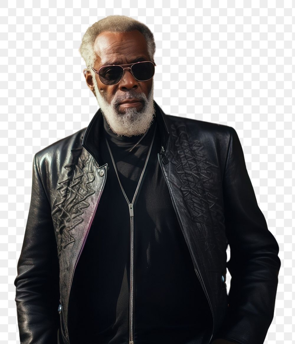 PNG  A black male elder with cool pose portrait sunglasses jacket. AI generated Image by rawpixel.