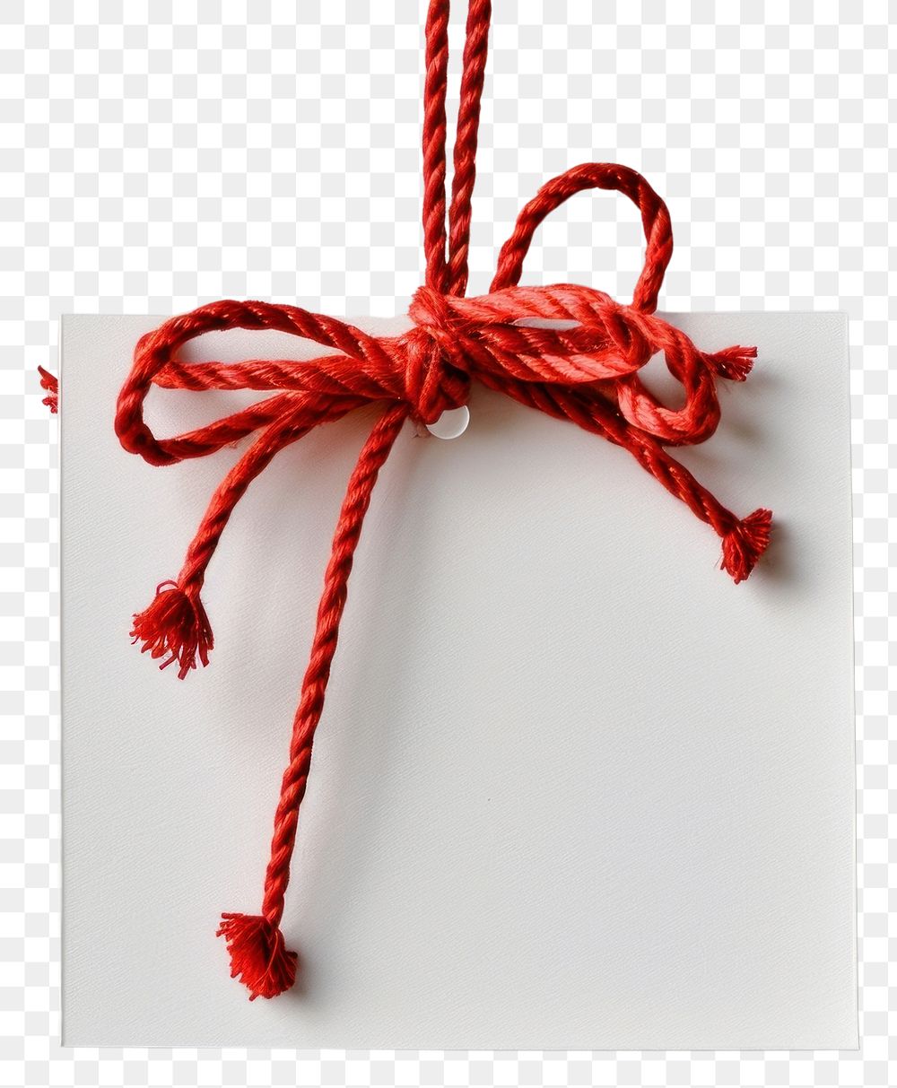 PNG Blank gift card hanging with minimal red rope and tie a knot like bow on card white background celebration accessories.