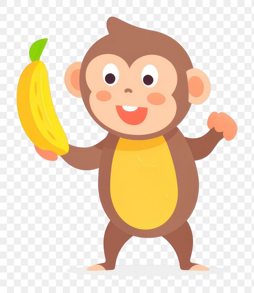 PNGA Monkey holding banana standing outdoors smiling.