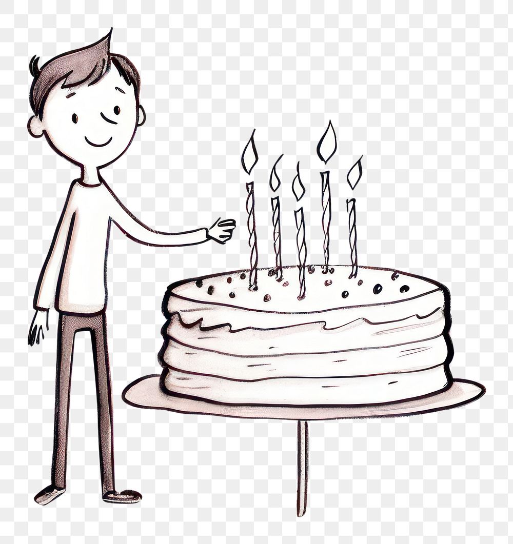 PNG Hand-drawn illustration boy holding birthday cake dessert drawing candle.