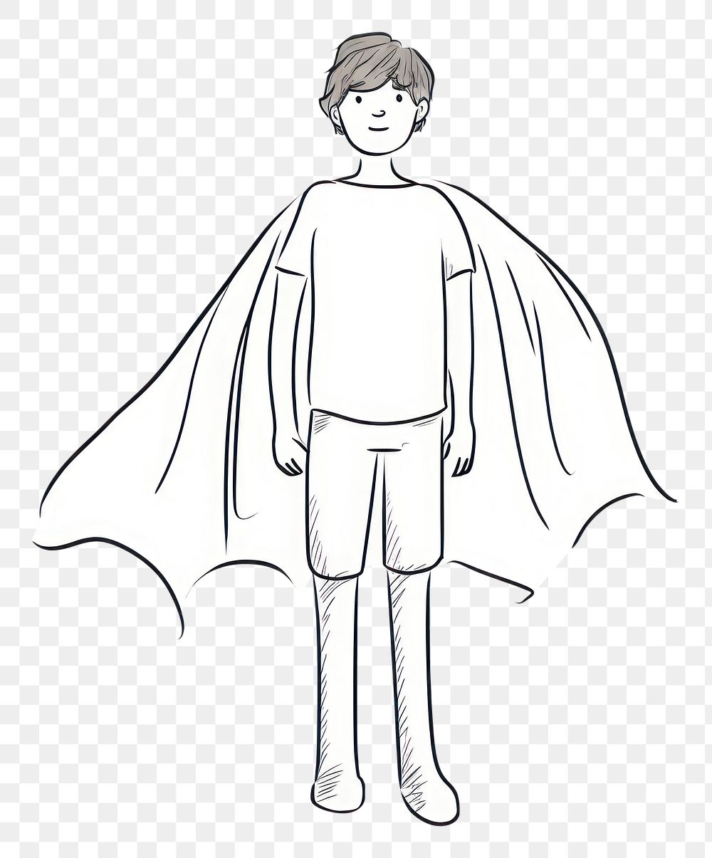 PNG Hand-drawn illustration boy wearing superhero costume drawing sketch art.