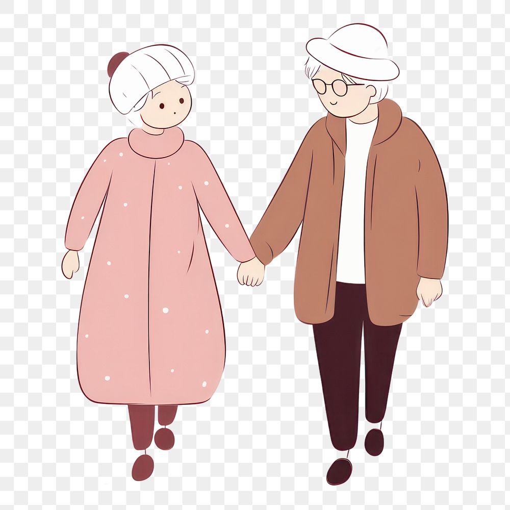 PNG Hand-drawn illustration old couple walking together line togetherness retirement.