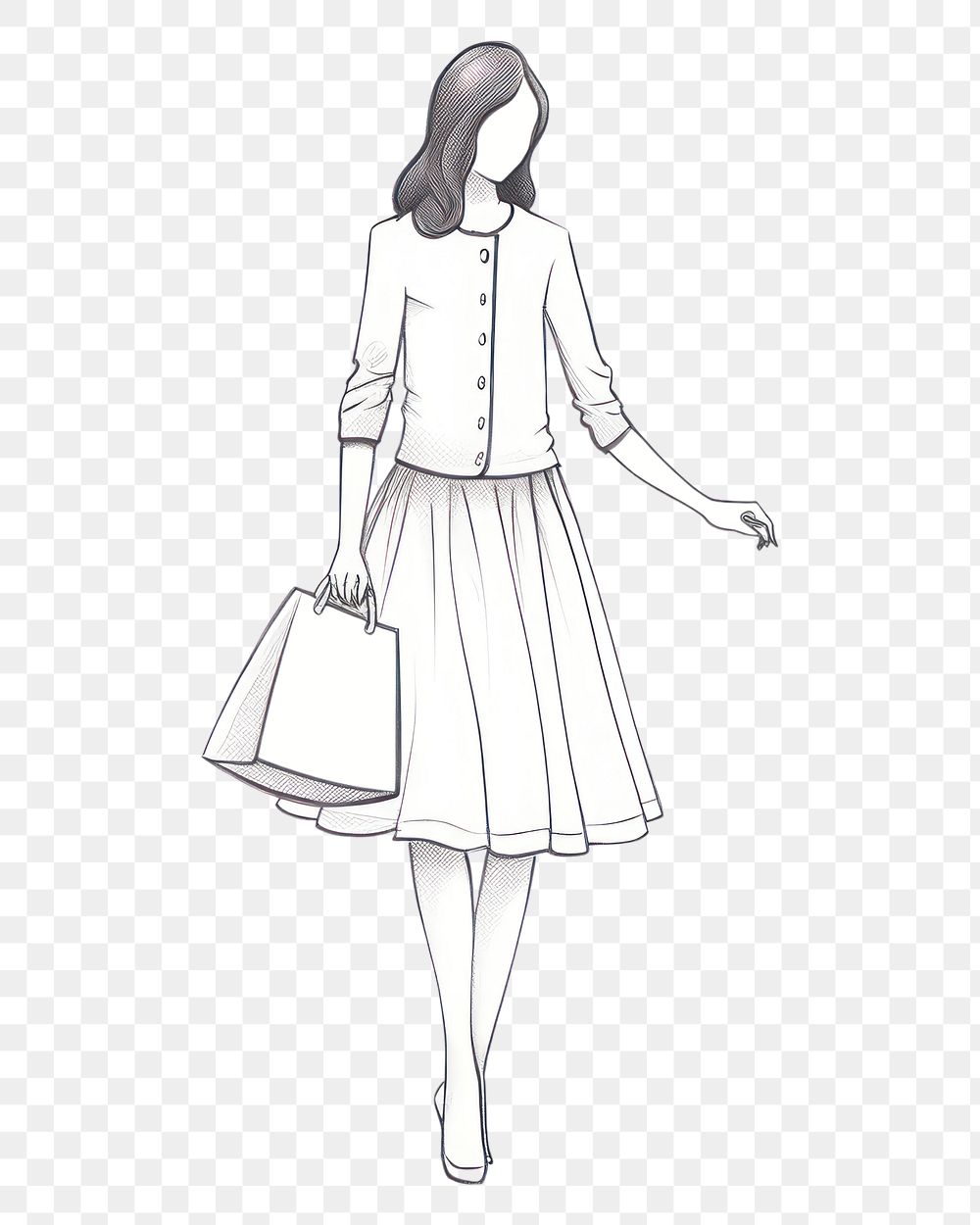 PNG Hand-drawn illustration woman holding handbag drawing sketch skirt.