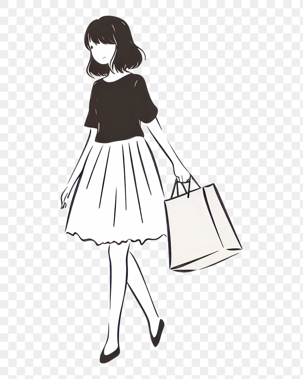 PNG Hand-drawn illustration woman holding shopping bag handbag white line.