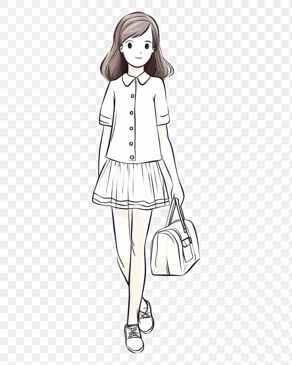 PNG Hand-drawn illustration teenage girl holding handbag footwear drawing sketch.