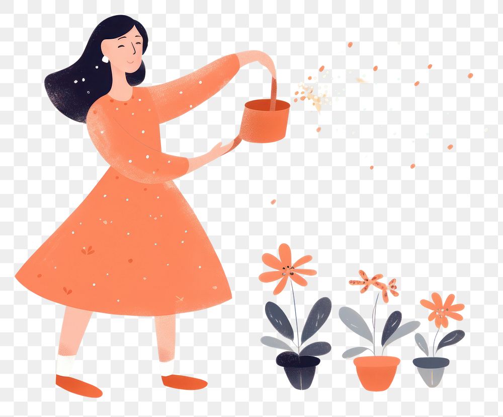 PNG  A happy woman watering a flower graphics cartoon adult. AI generated Image by rawpixel.