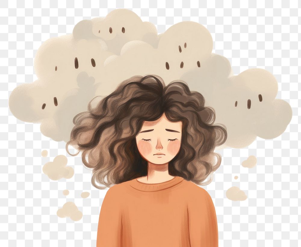 PNG  A sad woman with messy cloud over her head portrait cartoon drawing