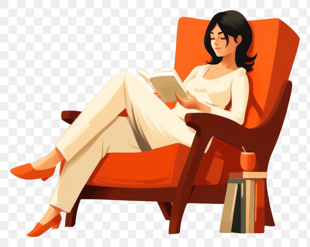 PNG  A relaxed woman reading a book on armchair publication furniture sitting. AI generated Image by rawpixel.
