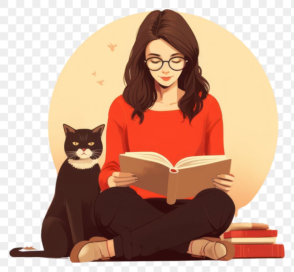 PNG  A relaxed woman reading a book with a cat publication mammal adult. AI generated Image by rawpixel.