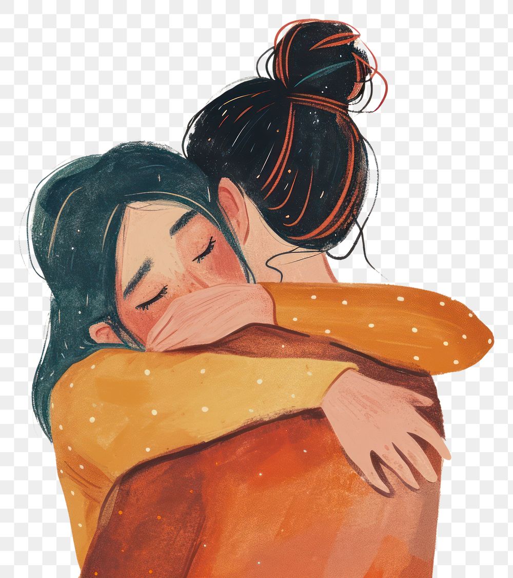 PNG  A woman hug her friend painting cartoon drawing. AI generated Image by rawpixel.