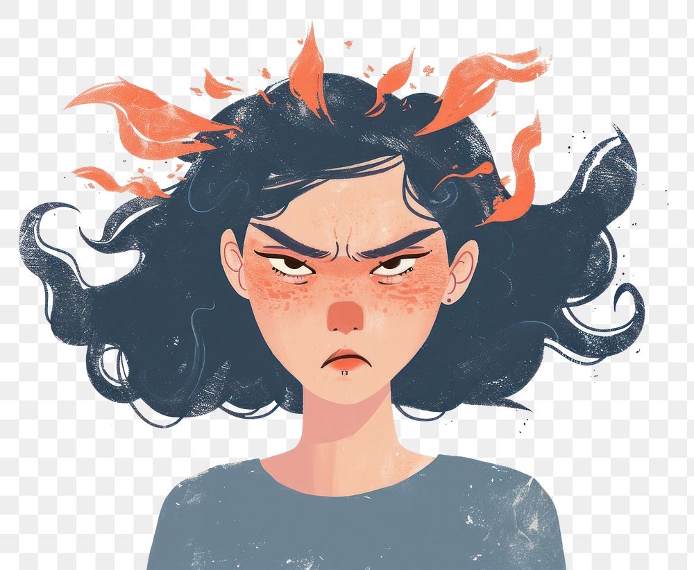 PNG  Annoyed woman with negative energy on her head portrait cartoon drawing. AI generated Image by rawpixel.