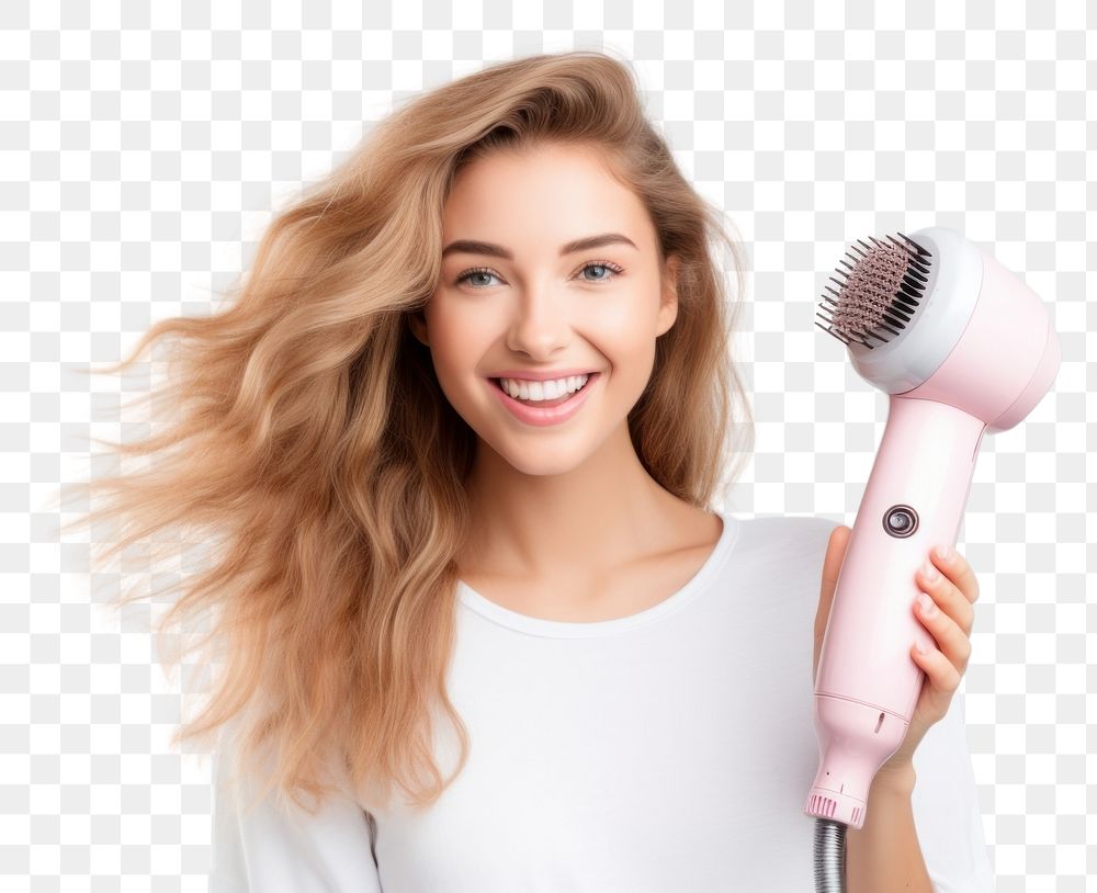 PNG Hair dryer portrait adult white background.