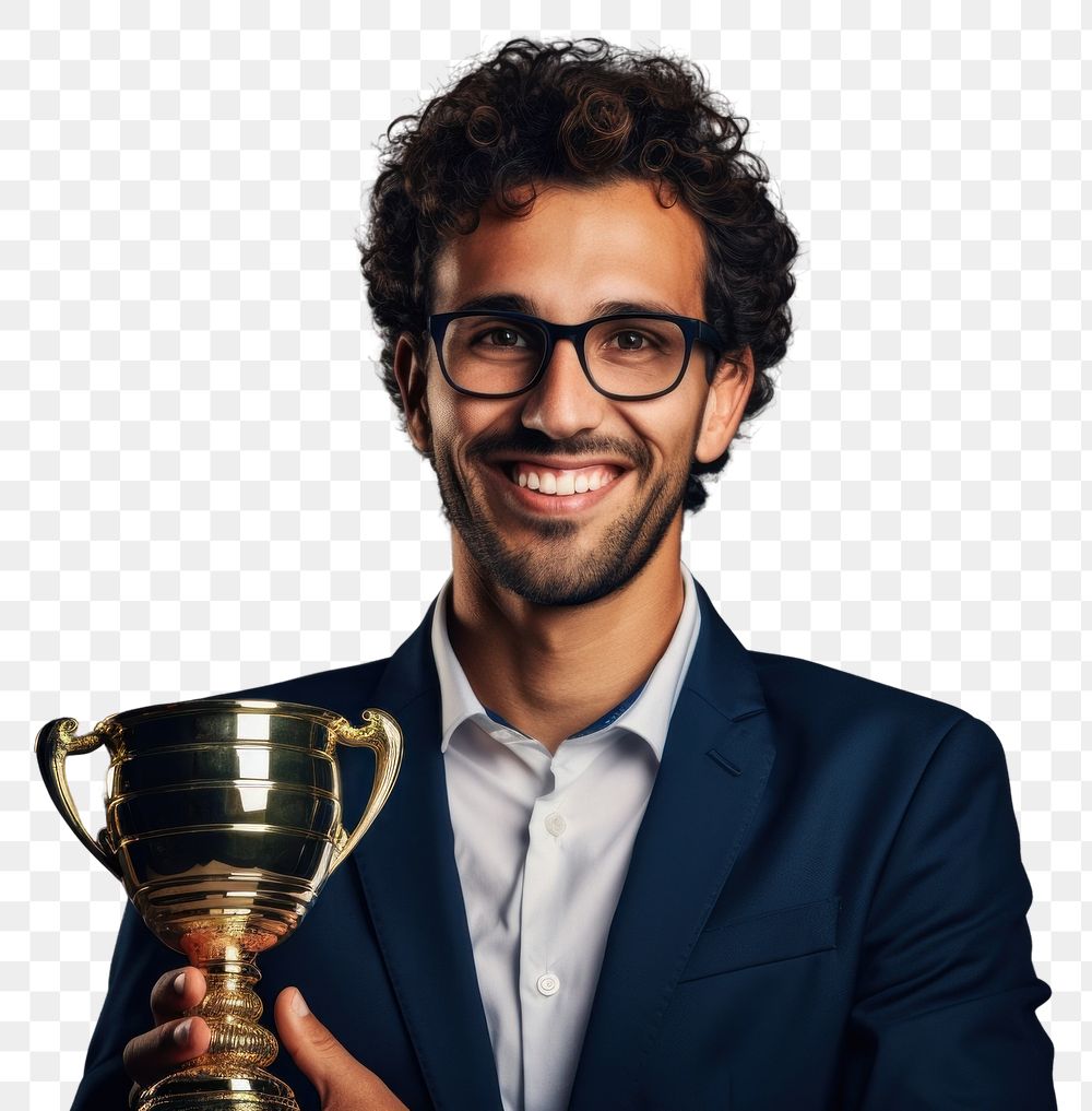 PNG  Happy businessman holding trophy portrait adult smile. AI generated Image by rawpixel.