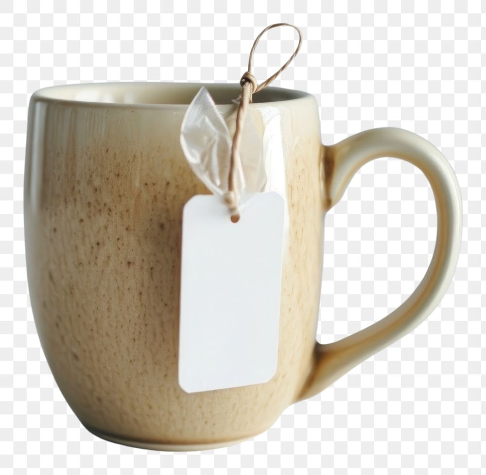 PNG Beige ceramic mug with teabag label coffee drink cup. AI generated Image by rawpixel.